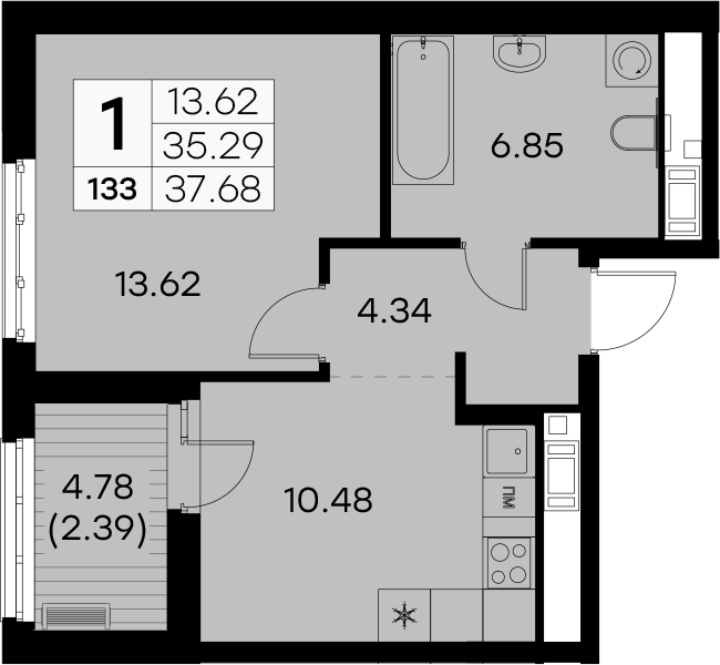 1-комнатная квартира 37.68 м², 7/8 эт., ЖК «Glorax City Балтийская»